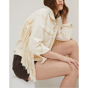 Blank Nyc 'Sacha' White Cotton Fringed Denim Jacket Size L